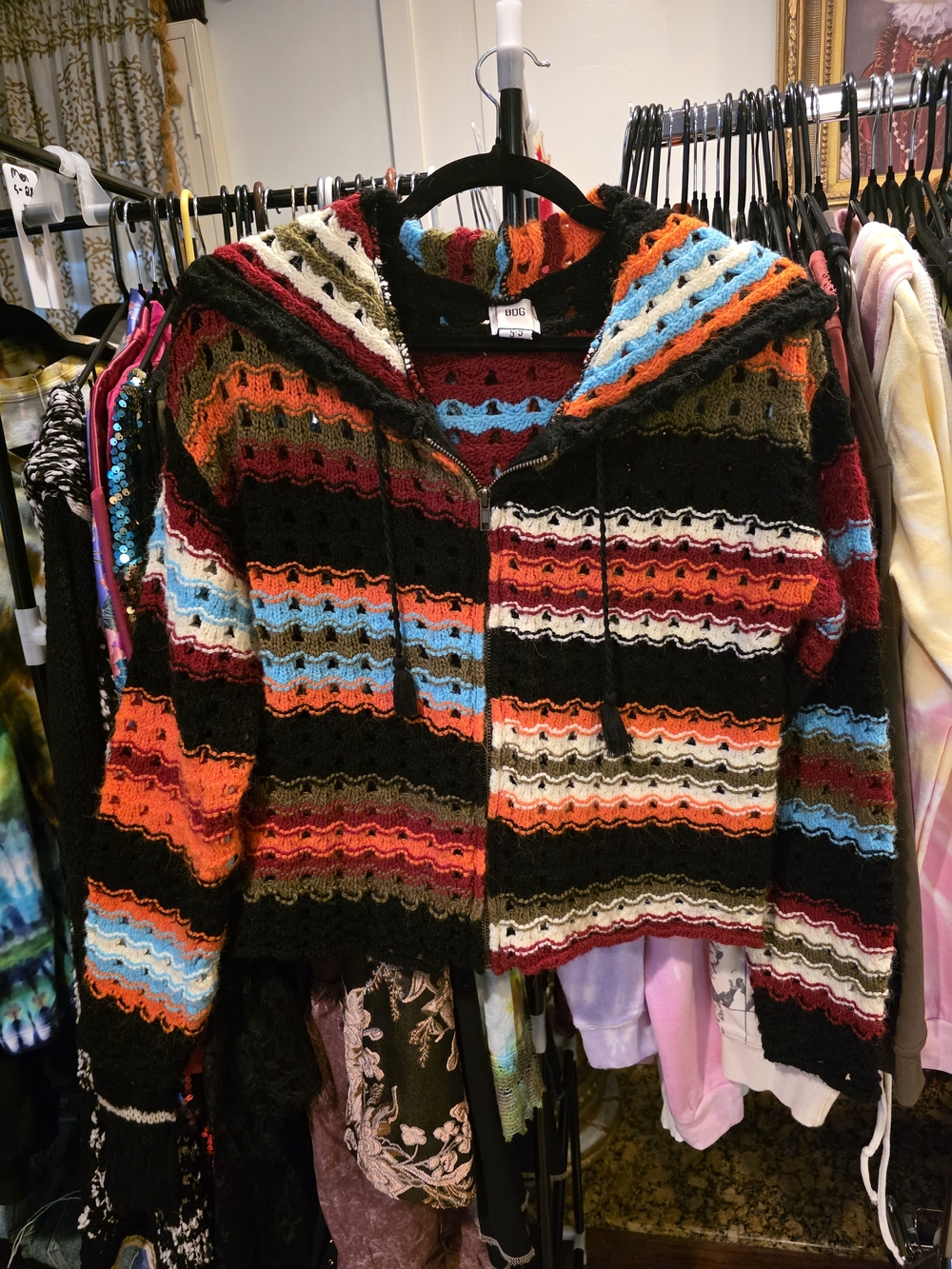 Y2k BDG Multicolor Striped Crochet Hooded Cardigan Festival Hippie